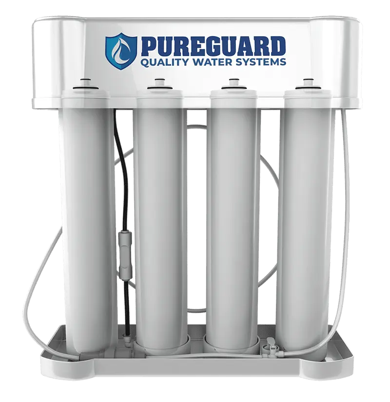 PUREGUARD™ PGRO-450 4-stage reverse osmosis drinking water filtration system. PUREGUARD™ PGRO-450 4-stage reverse osmosis drinking water filtration system.
