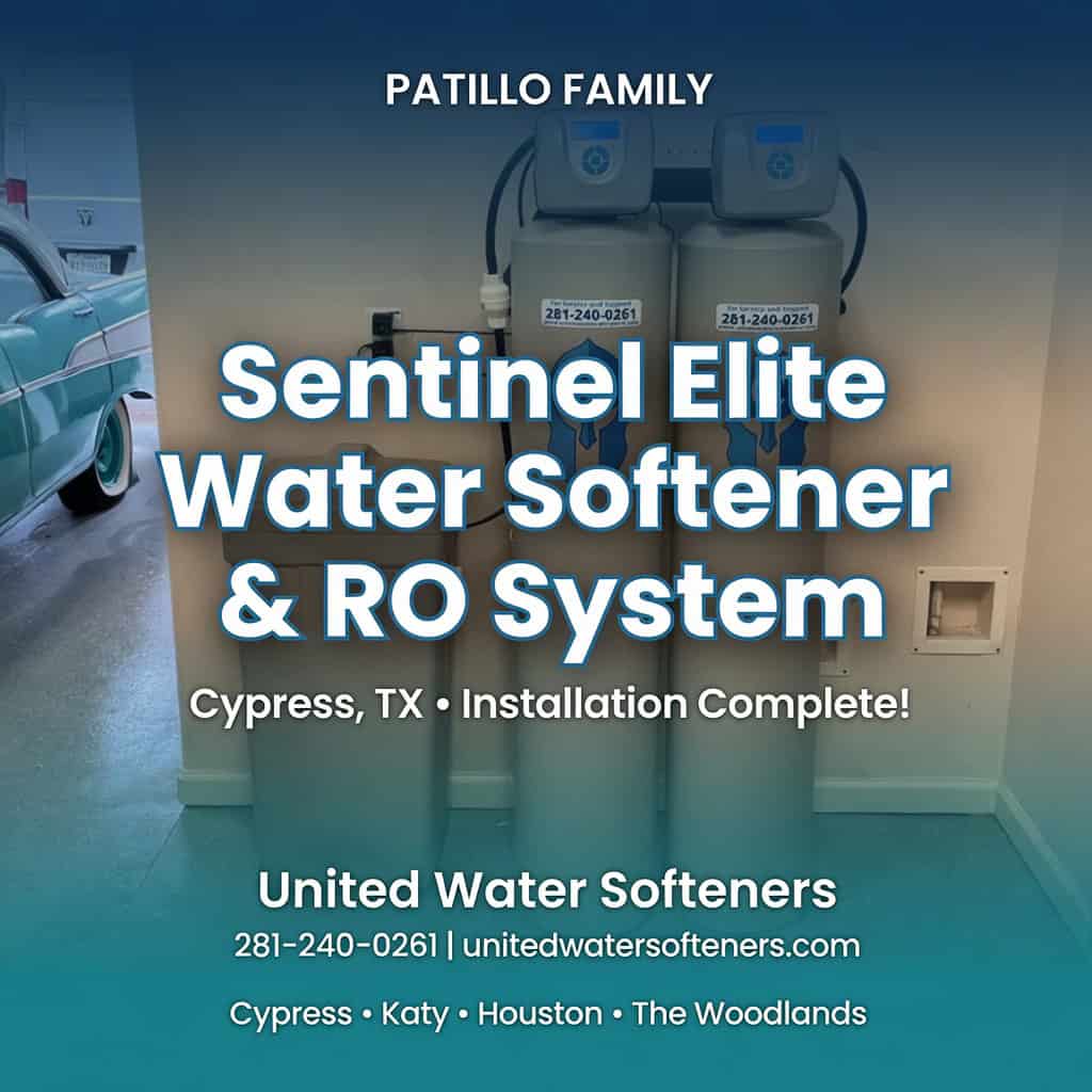 Patillo family Sentinel ELITE dual-tank water softener and reverse osmosis system professionally installed in Cypress Texas garage by United Water Softeners.