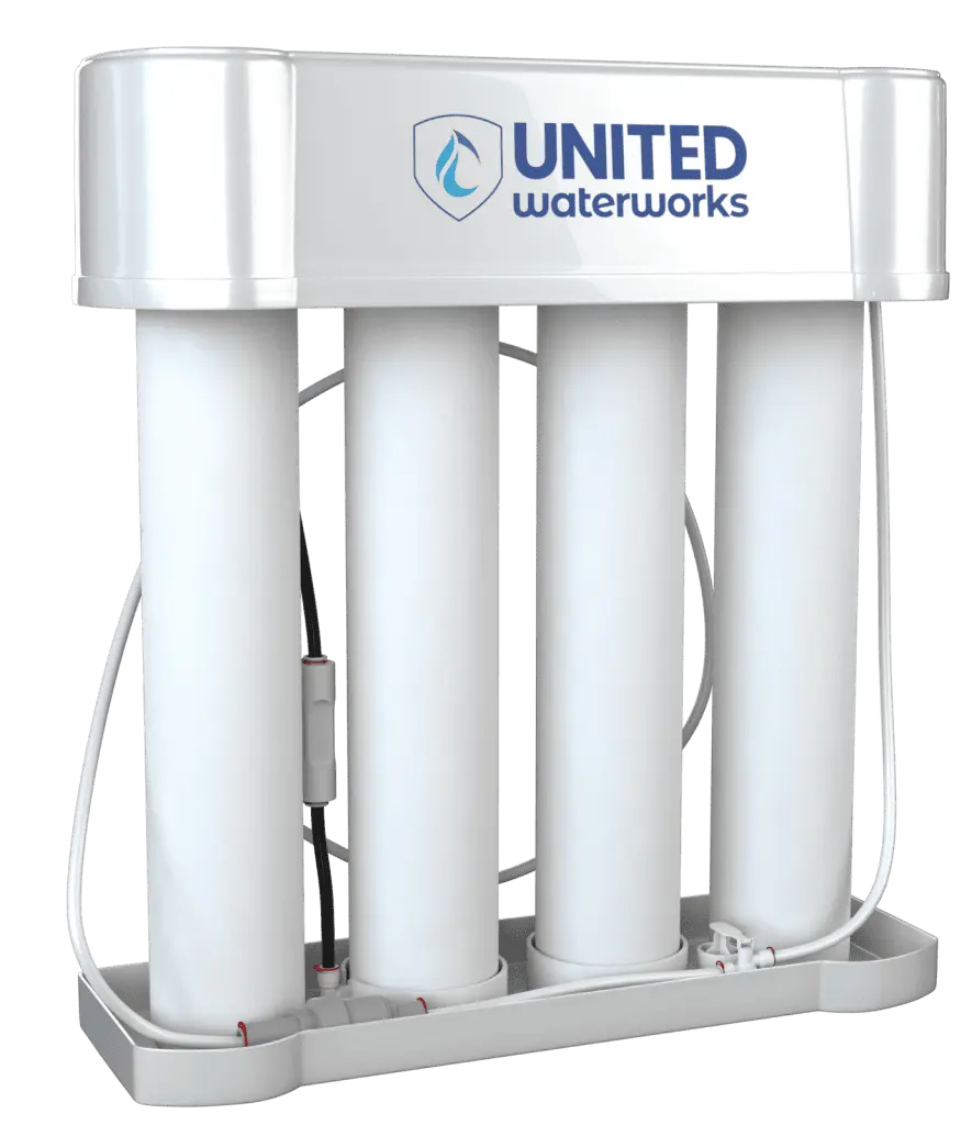 Sleek white United Water Softeners 4-stage reverse osmosis drinking water system with four tall filter cartridges and prominent branding – premium under-sink purification unit from Houston’s best water company