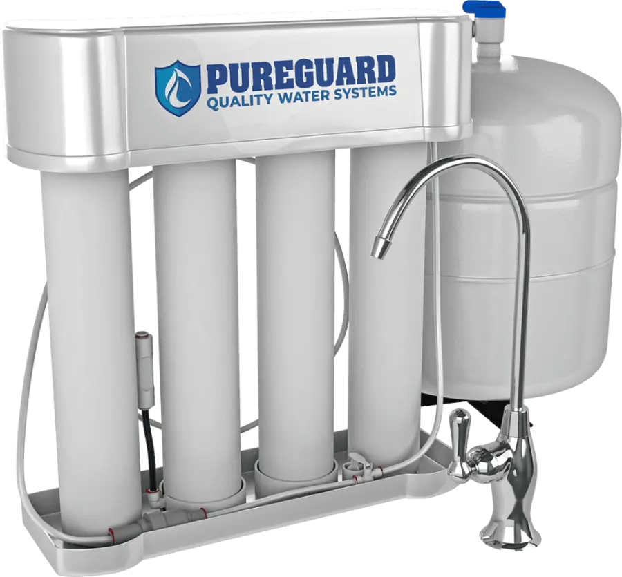 PureGuard Quality Water Systems reverse osmosis (RO) drinking water filtration system with four-stage filter unit, chrome faucet, and white storage tank PureGuard Quality Water Systems reverse osmosis (RO) drinking water filtration system with four-stage filter unit, chrome faucet, and white storage tank