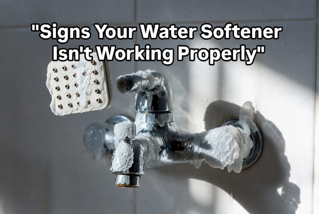 Signs your water softener isn’t working properly – heavy white limescale and mineral scale buildup on chrome bathroom faucet. Need water softener repair.