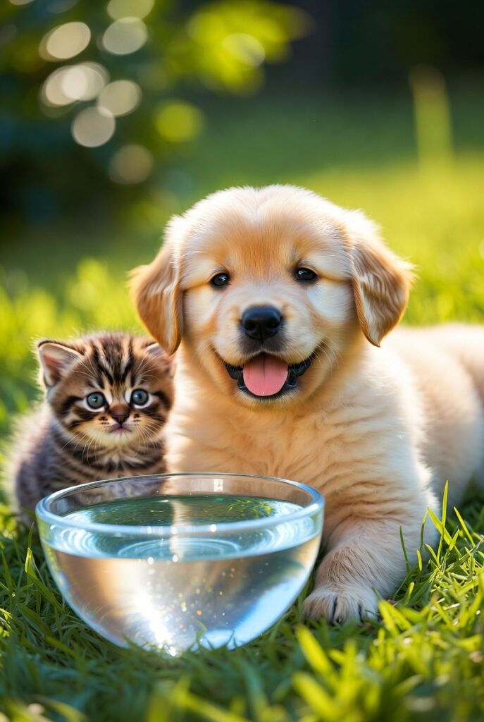 Golden retriever puppy and tabby kitten enjoying clean drinking water together on green grass – The importance of clean drinking water for pets.