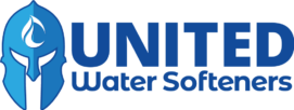 Official United Water Softeners logo featuring a bold blue Spartan helmet with a water droplet emblem next to the company name in strong blue lettering.