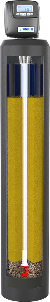 Cutaway view of the Sentinel Pro water softener tank by United Water Softeners – showing high-capacity yellow softening resin, central riser tube, gravel bed, and red distributor inside the sleek black jacket.