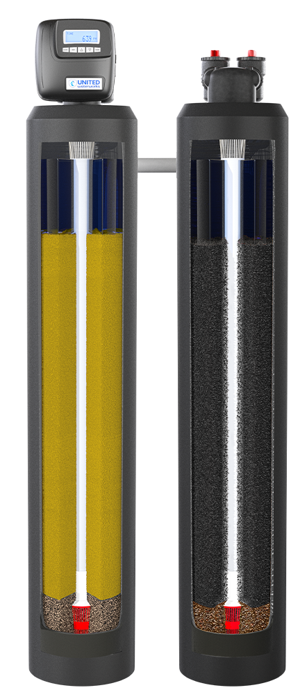 Cutaway view of the Sentinel Pro Water Softener and Carbon Unit by United Water Softeners – showing the yellow softening resin in the left tank and dark catalytic carbon media in the right tank with internal risers and distributors clearly visible.