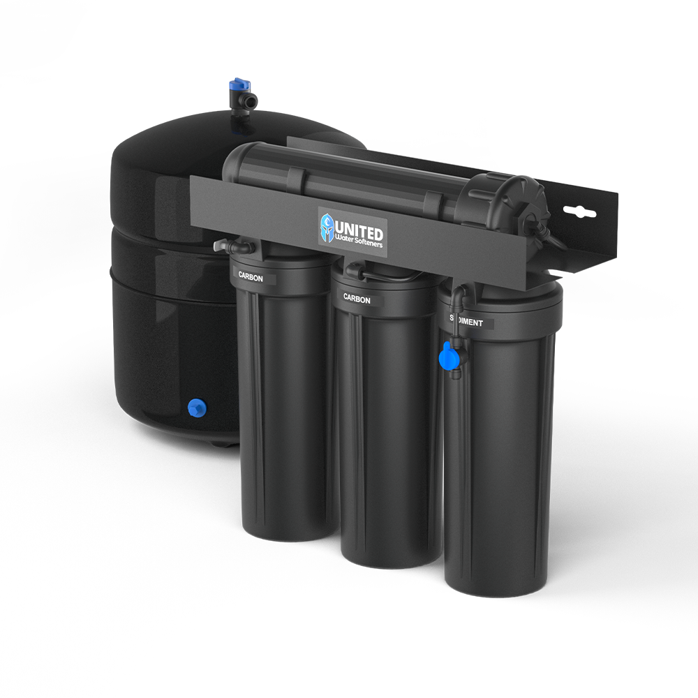KNIGHT SRO-450 Series Reverse Osmosis System by United Water Softeners – triple-cartridge under-sink RO unit with sediment pre-filter, dual carbon filters, and large storage tank for ultra-pure contaminant-free drinking water in Houston homes