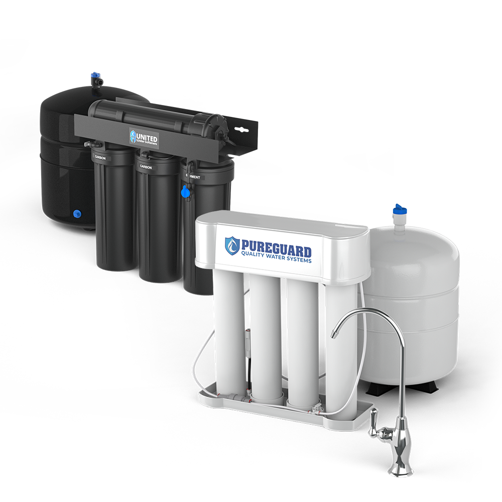 Drinking Water Systems by United Water Softeners – KNIGHT SRO-450 Series and PUREGUARD PGRO-4 reverse osmosis systems with dedicated chrome faucet and holding tank for pure, great-tasting water in Houston, Katy, Cypress, The Woodlands and surrounding areas