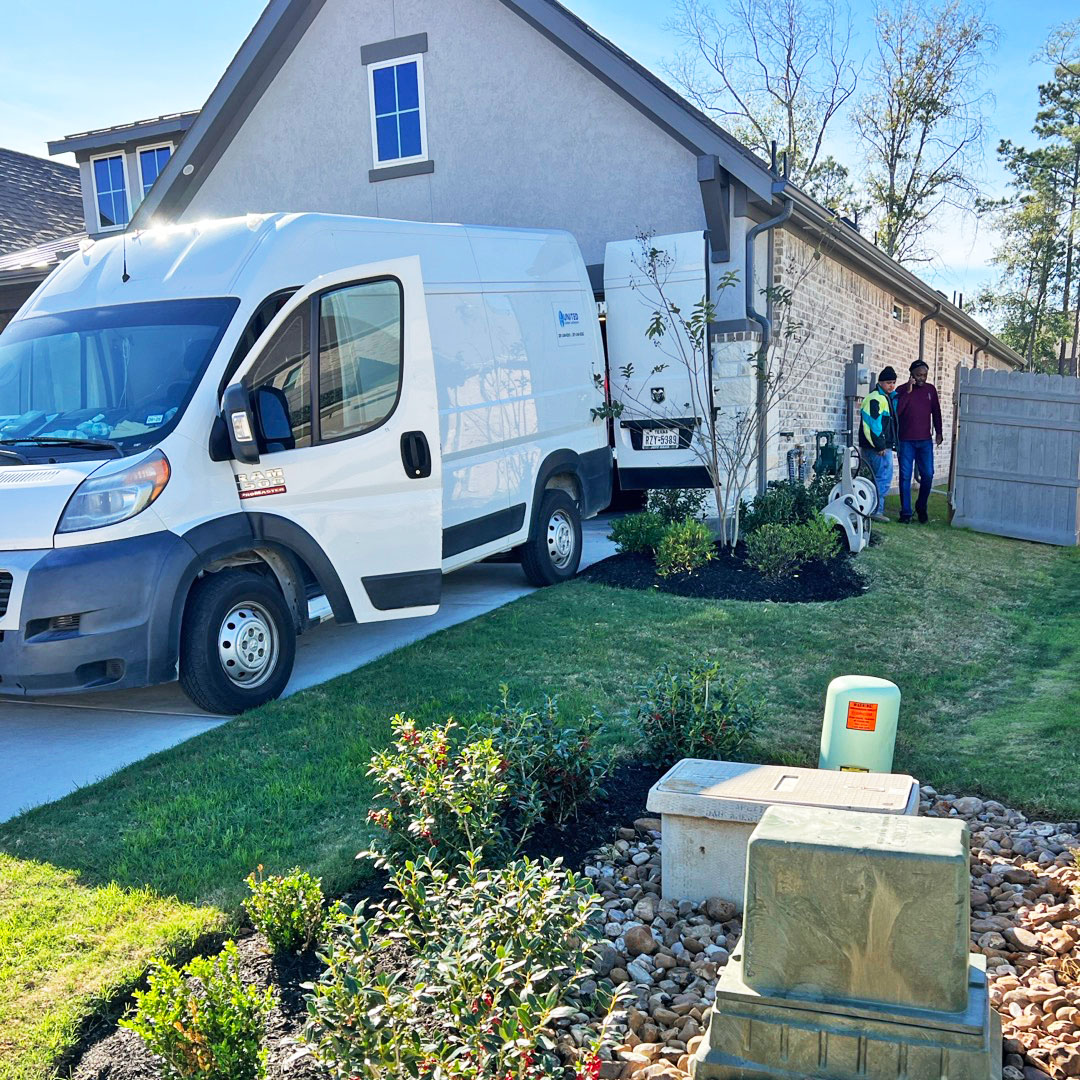 Our install team from United Water Softeners professionally installing a whole house water softener at this beautiful property in Conroe – the number one rated best water softener company in Houston.