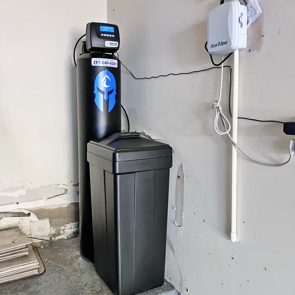 different angle of our United Water Softeners Guardian Package whole-house water softener professionally installed in Katy, TX — delivering the best water in Houston.