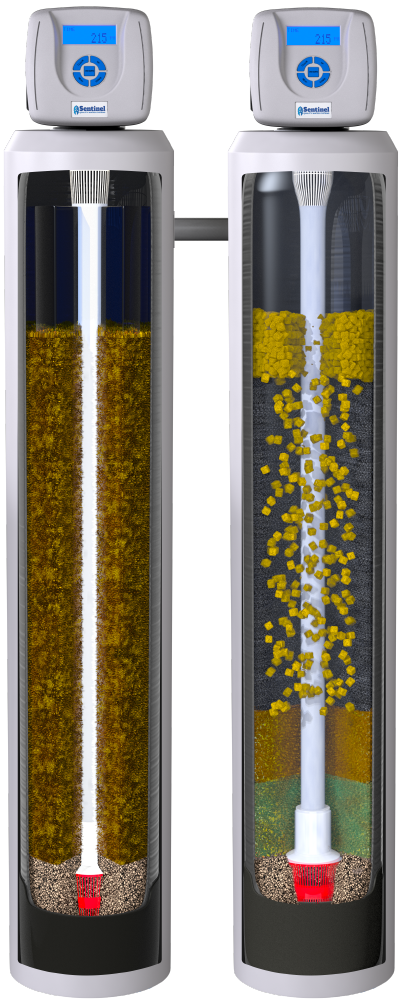 Sentinel Guardian Clack water softener systems cutaway view showing resin media bed and internal components – Sentinel Elite whole house water softener for hard water treatment in Houston.