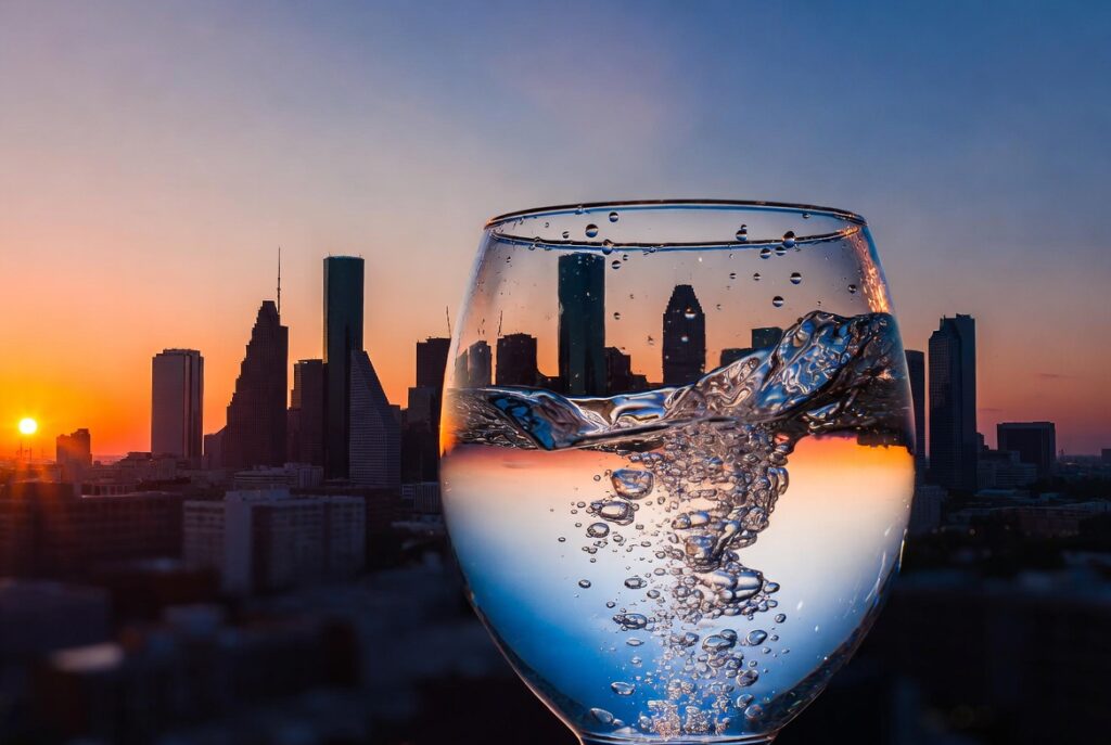Glass of pure crystal-clear water with Houston skyline at sunset, symbolizing safe, arsenic-free drinking water for Houston, Katy, Cypress, Richmond, Fulshear and surrounding areas