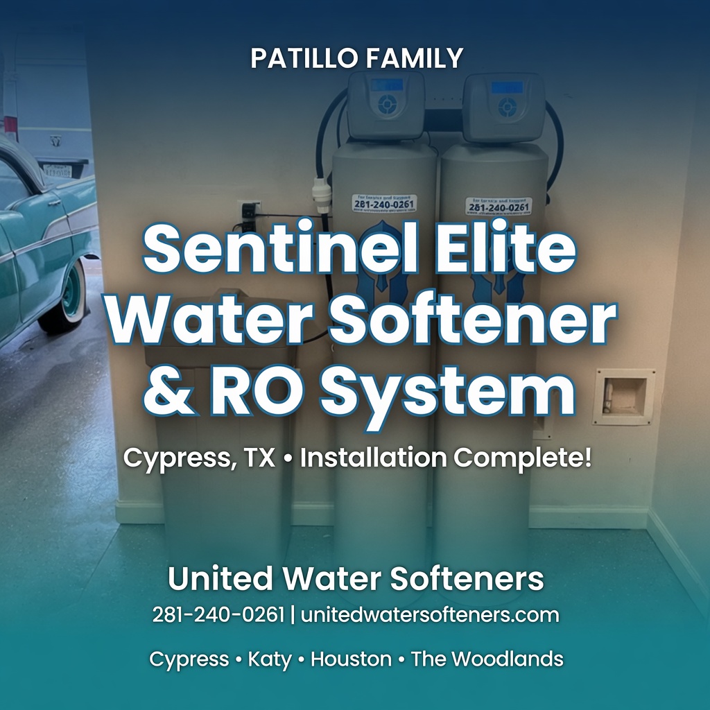 Patillo family Sentinel Elite dual-tank water softener and reverse osmosis system professionally installed in Cypress Texas garage by United Water Softeners.