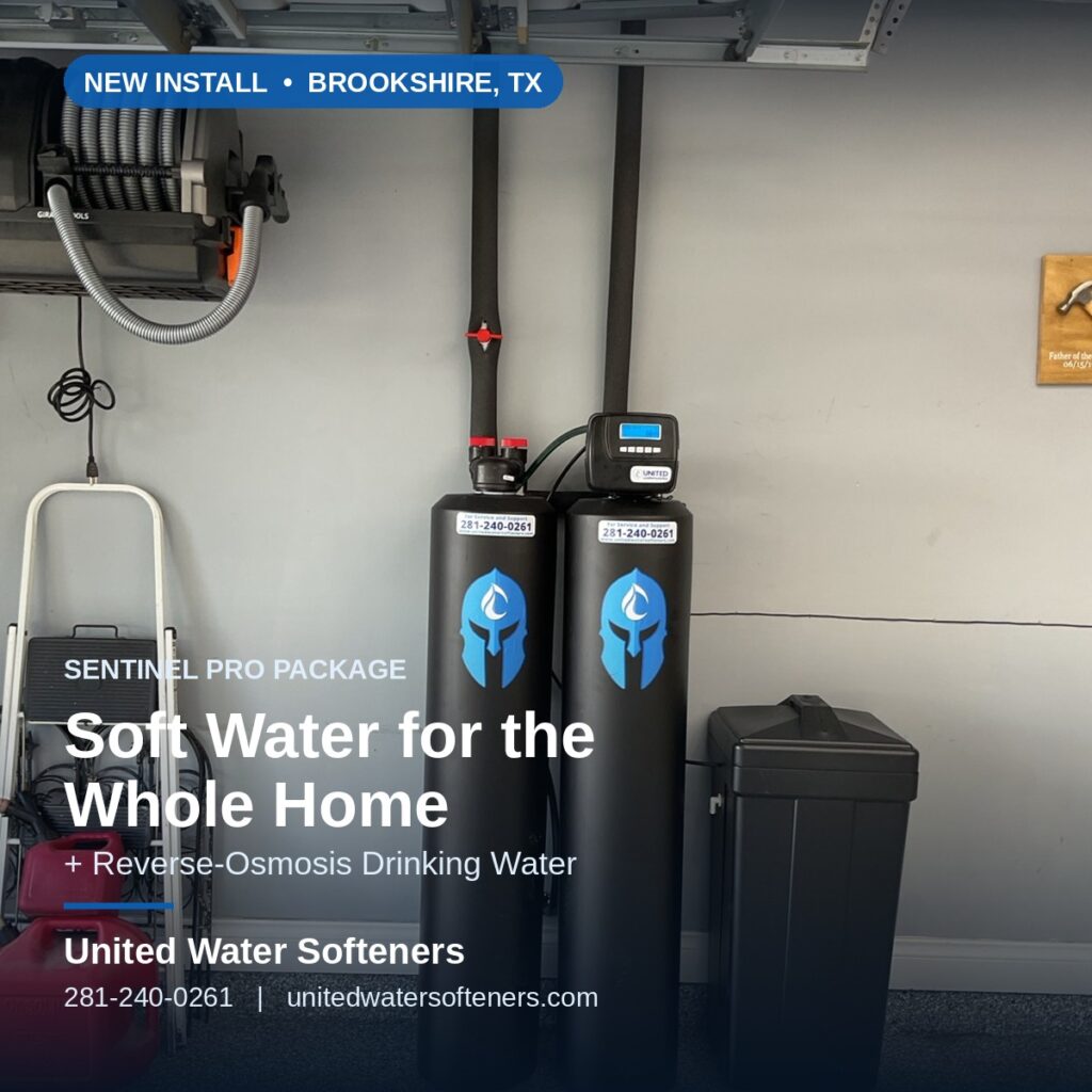 SENTINEL Pro water softener and AQUACARB conditioner installed in a Brookshire, TX garage by United Water Softeners